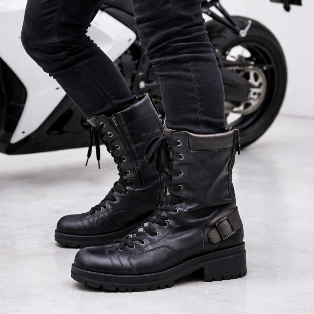 Belstaff Black Leather Moto Combat Boots Men’s 9.5 Buckle Lace Zip Biker